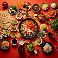 aérien instantané de international cuisine Sushi Pâtes et tacos sur une coloré nappe de table ai génératif photo