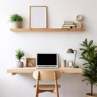 minimaliste et moderne Accueil Bureau installer avec une lisse en bois bureau et inspirant mur citation ai génératif photo