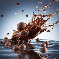 dynamique Capturer de épars Chocolat gouttes sur brillant réfléchissant surface ai génératif photo