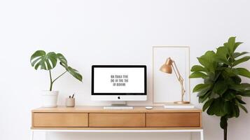 minimaliste et moderne Accueil Bureau installer avec une lisse en bois bureau et inspirant mur citation ai génératif photo