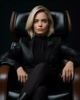 femme dans costume séance dans noir chaise photo