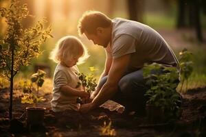 famille plantation arbre dans jardin photo