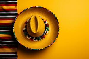 cinco de mayo à thème avec une mexicain sombrero sur une coloré serape couverture contre une Jaune Contexte photo