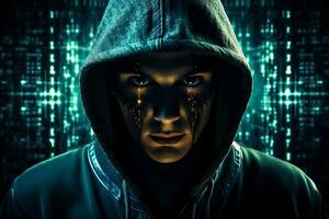 la cyber-sécurité pirate avec une caché visage portant une sweat à capuche dans une sur le thème de la technologie fond d'écran photo