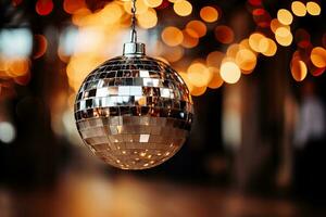 une grand argent Balle pour disco des soirées cette reflète lumière et crée une de fête atmosphère photo