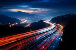 longue exposition capture le fascinant lumières de voitures conduite à nuit photo