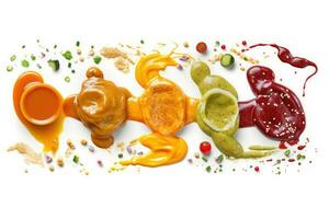 sélection de sauces avec différent couleurs sur une blanc, génératif ai photo