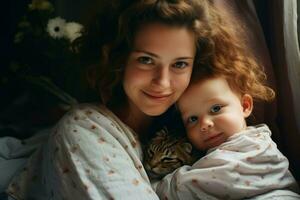 Jeune mère souriant avec mignonne bébé. produire ai photo