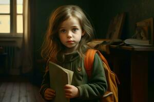 peu fille dans Matin avec sac à dos et livre. produire ai photo