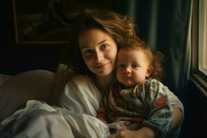 Jeune mère avec mignonne bébé dans chambre à coucher. produire ai photo