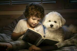 garçon avec bichon frise chien en train de lire livre. produire ai photo