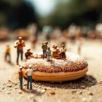 social les structures Donut avec guimauves et minuscule personnes, ai généré photo