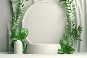 une blanc rond podium avec une plante dans il et une blanc vase avec une vert plante dans il photo