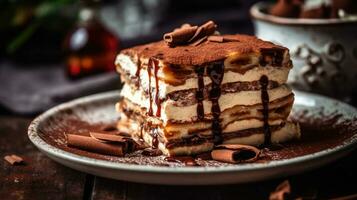 une fermer magazine qualité coup de une magnifiquement en couches tiramisu avec crémeux mascarpone et saupoudré cacao ai généré photo