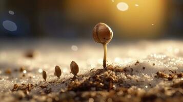 germination des graines de légume sur le Terre en dessous de neige dans hiver, ai généré photo