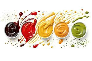 sélection de sauces avec différent couleurs sur une blanc, génératif ai photo