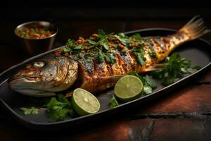 entier poisson avec une grillé peau arabe nourriture génératif ai photo