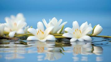 magnifique fleur épanouissement branche plus de le l'eau avec réflexion dans une étang, fermer avec doux se concentrer, génératif ai illustration photo