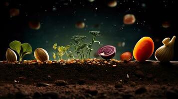 germination des graines de légume sur le Terre dans divers saisons, ai généré photo