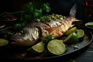 entier poisson avec une grillé peau arabe nourriture génératif ai photo