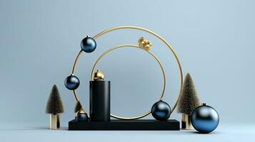 3d rendre de bleu podium avec exquis Noël arbre décorations, ai généré photo