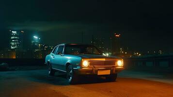 ancien muscle voiture garé sur le rue à nuit. Années 80 stylé synthwave rétro scène avec puissant conduire dans soir. généré ai. photo