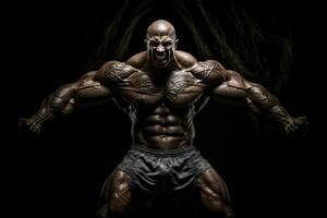 extrême bodybuilder montrant le sien muscles. énorme athlète démontrant pouvoir. généré ai. photo