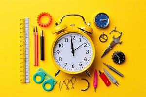 Jaune alarme l'horloge et école Provisions sur Jaune Contexte. retour à école concept. alarme horloge, peindre, des crayons et ciseaux. école accessoires sur une Jaune Contexte. vue de au-dessus de, ai généré photo