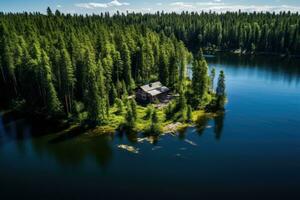 aérien vue de une en bois maison sur une petit île dans le milieu de une lac. aérien vue de en bois chalet dans vert pin forêt par le bleu Lac dans rural été Finlande, ai généré photo