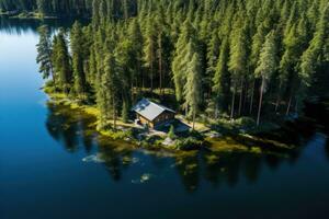 aérien vue de une en bois maison sur le rive de le lac. aérien vue de en bois chalet dans vert pin forêt par le bleu Lac dans rural été Finlande, ai généré photo