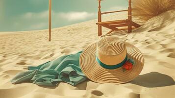 chapeau et serviette sur le le sable de le plage. vacances scène avec paille chapeau sur le rive doubler. génératif ai. photo