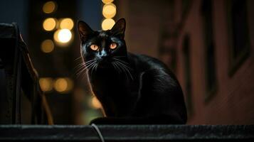 noir chat séance sur une balustrade à nuit, dans le style de la vie dans Nouveau york ville. généré ai. photo