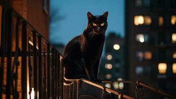 noir chat séance sur une balustrade à nuit, dans le style de la vie dans Nouveau york ville. généré ai. photo