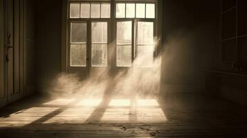 poussiéreux pièce avec vieux affligé les fenêtres et Soleil des rayons. abandonné grungy intérieur avec lumières dans le poussière. généré ai. photo
