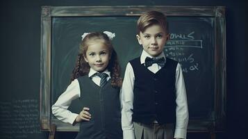 école élève, garçon et fille permanent dans de face de noir planche. école les enfants couple. généré ai. photo