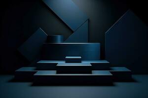 foncé bleu piédestal dans noir pièce avec géométrique formes. podium pour produit vitrine. généré ai. photo
