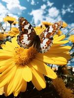 papillon sur le coloré fleurs et les plantes. calme la nature scène avec rêveur couleurs. généré ai. photo