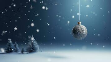magnifique Noël babiole pendaison sur le Contexte avec neige scintille. Noël flétrir vacances carte avec verre balle. généré ai. photo