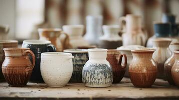 génératif ai, ouvré poterie, encore la vie de main fabriqué poterie et céramique boules, loisir et loisir concept photo