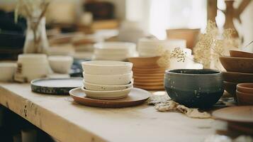 génératif ai, ouvré poterie, encore la vie de main fabriqué poterie et céramique boules, loisir et loisir concept photo