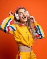 mode modèle écoute à la musique avec casque ai généré photo