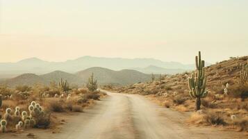 génératif ai, solitaire route dans le désert, esthétique, en sourdine neutre couleurs, cactus les plantes photo