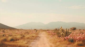 génératif ai, solitaire route dans le désert, esthétique, en sourdine neutre couleurs, cactus les plantes photo