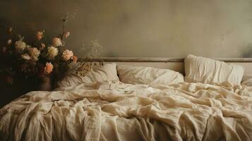génératif ai, relaxant chambre détail de lit avec Naturel lin texturé literie, en sourdine neutre esthétique couleurs photo