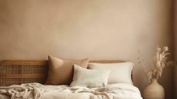 génératif ai, relaxant chambre détail de lit avec Naturel lin texturé literie, en sourdine neutre esthétique couleurs photo