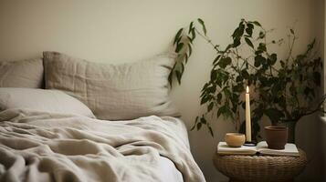 génératif ai, relaxant chambre détail de lit avec Naturel lin texturé literie, en sourdine neutre esthétique couleurs photo