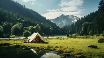 génératif ai, camping Extérieur concept près le Lac ou rivière, touristique camp sur le magnifique vert paysage avec montagnes photo