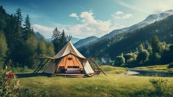 génératif ai, camping Extérieur concept près le Lac ou rivière, touristique camp sur le magnifique vert paysage avec montagnes photo