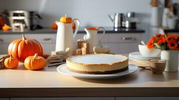 traditionnel citrouille tarte et l'automne décor dans une blanc moderne cuisine. photo