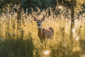 une cerf est permanent dans le grand herbe le Soleil brillé sur jungle ai généré image photo